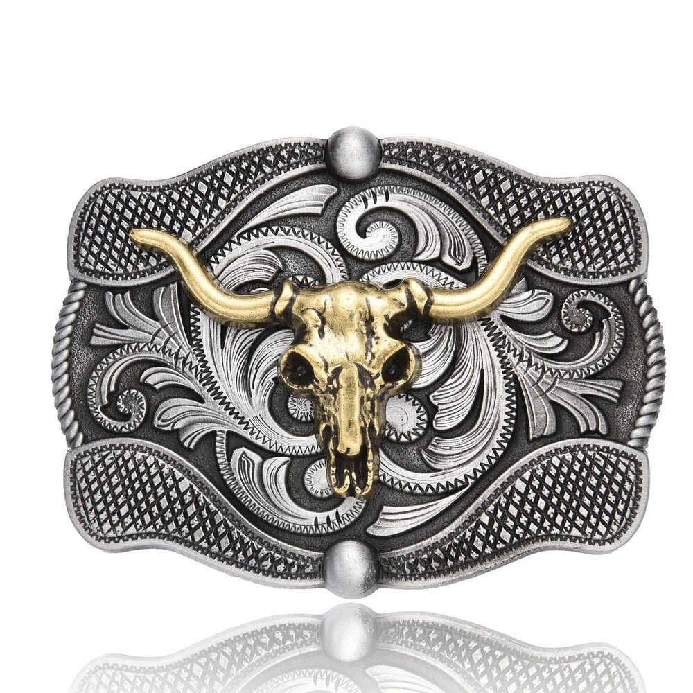 8755 Longhorn Bull Western Belt Buckle , Cowboy Long Horn Skull Floral